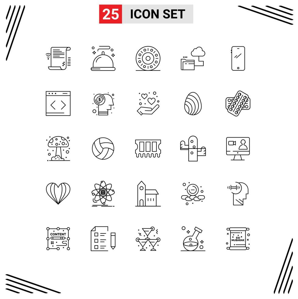 Group of 25 Modern Lines Set for smart phone file service storage cloud Editable Vector Design Elements