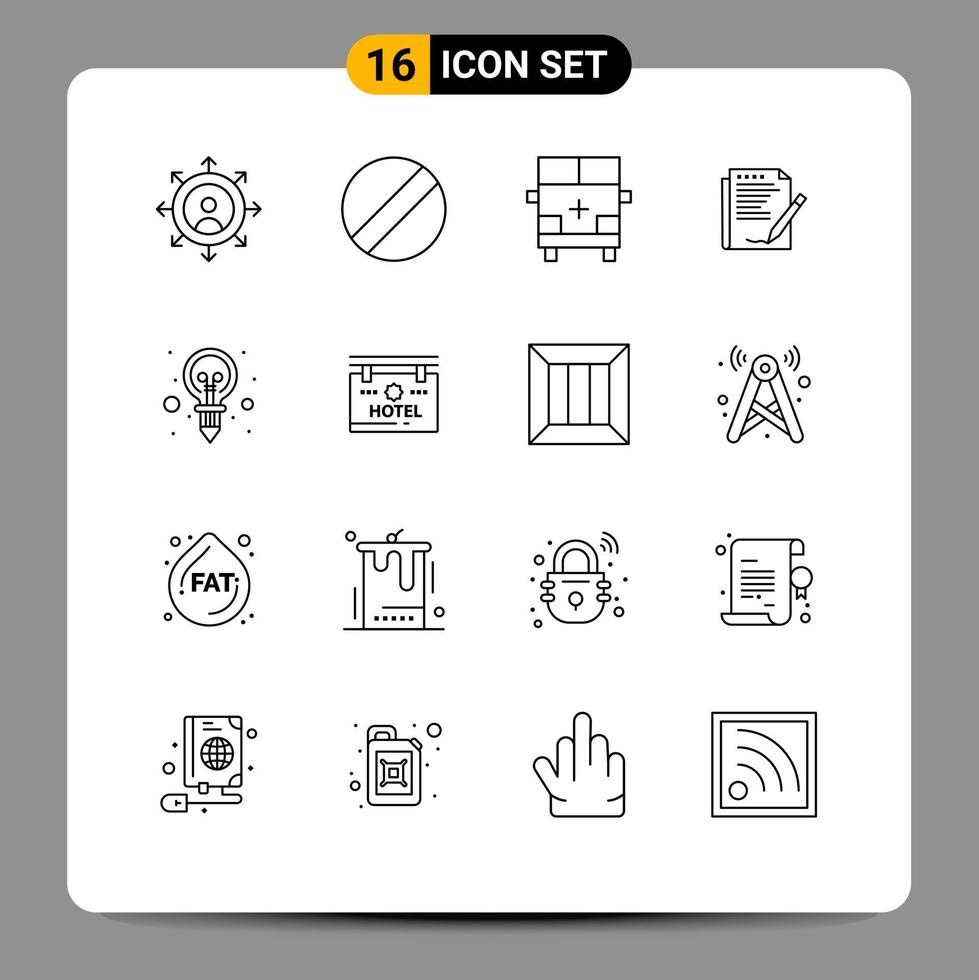 conjunto moderno de 16 contornos y símbolos, como papel de transporte de bombilla de idea, elementos de diseño vectorial editables vector