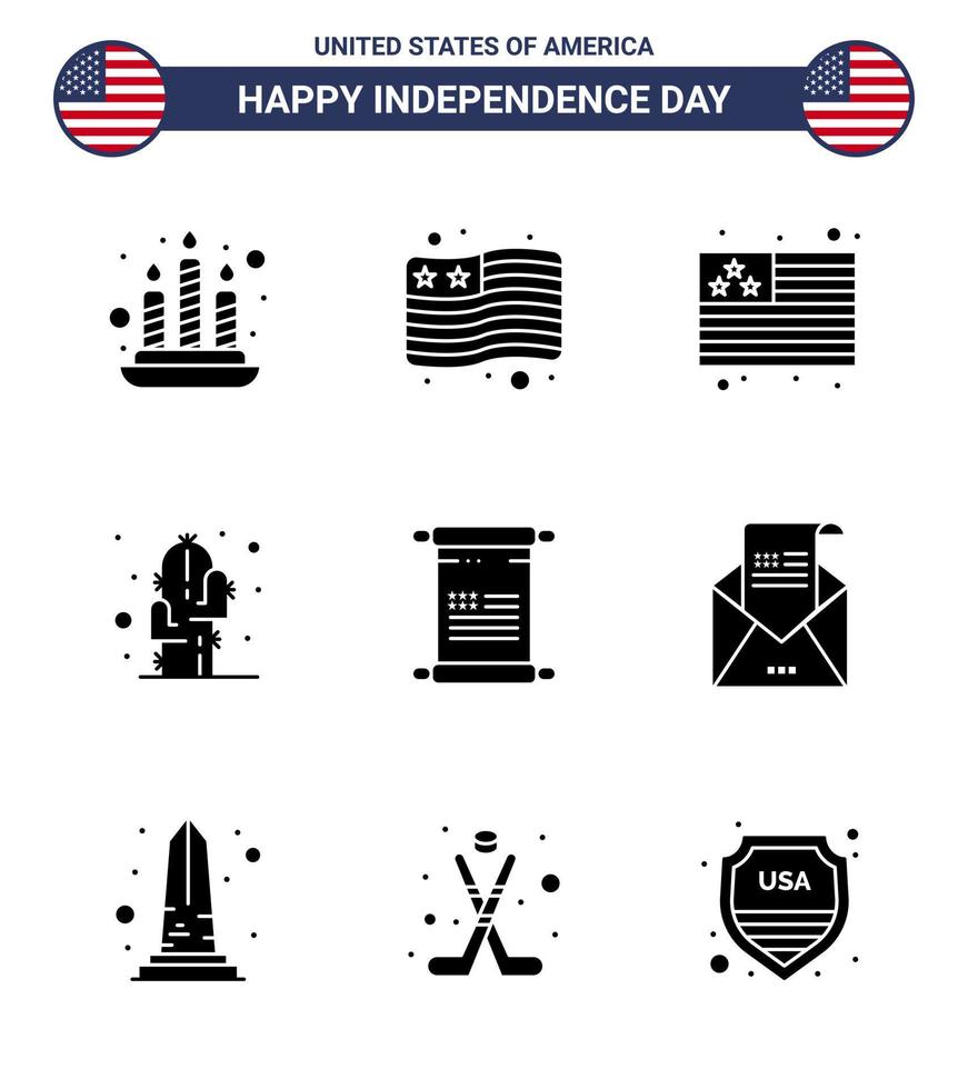 Happy Independence Day 4th July Set of 9 Solid Glyphs American Pictograph of invitation envelope plant email american Editable USA Day Vector Design Elements