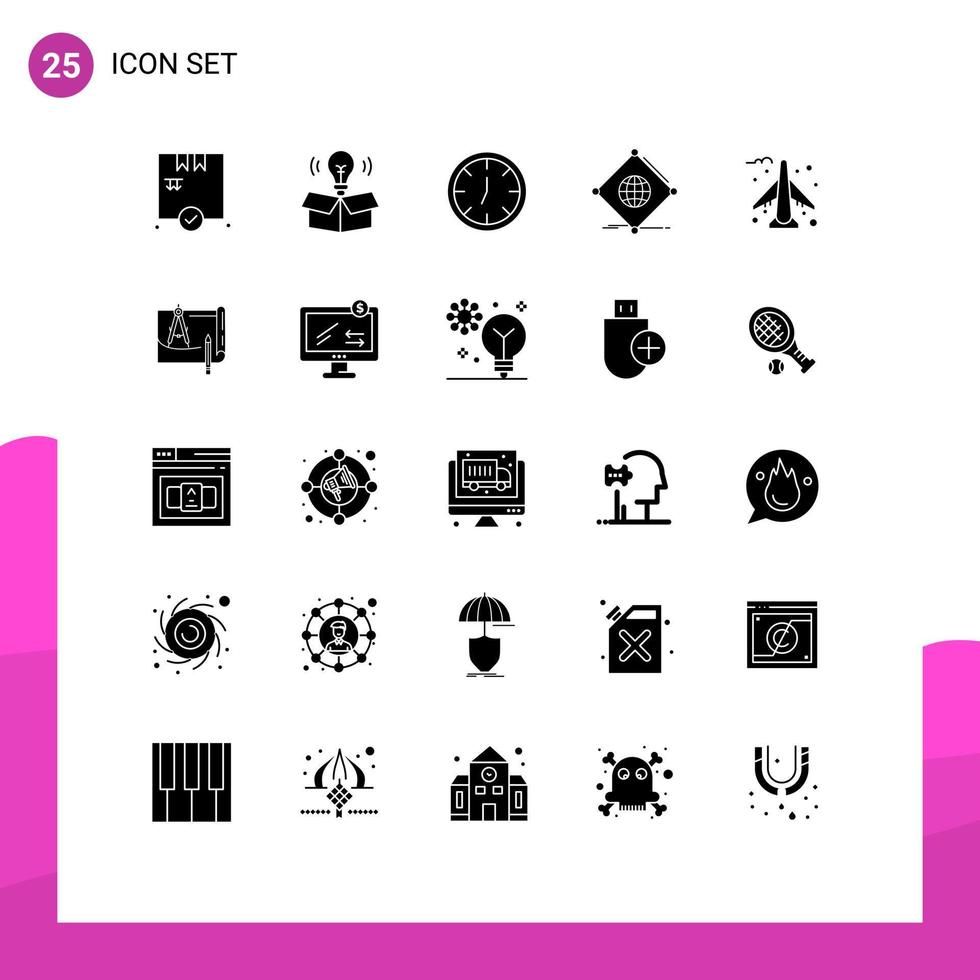 Editable Vector Line Pack of 25 Simple Solid Glyphs of plane airplane interior global things Editable Vector Design Elements