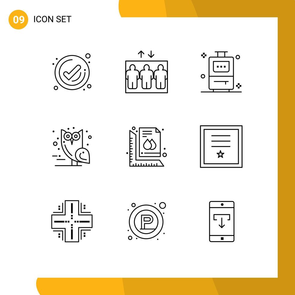 Modern Set of 9 Outlines Pictograph of print ruler travel measure owl Editable Vector Design Elements