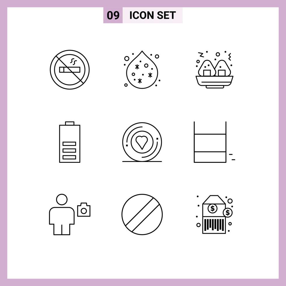 Universal Icon Symbols Group of 9 Modern Outlines of game printer battery heart half Editable Vector Design Elements