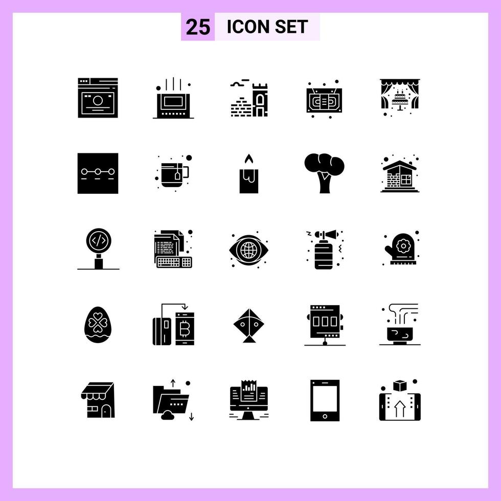 Solid Glyph Pack of 25 Universal Symbols of romantic cake wall recorder cassette Editable Vector Design Elements