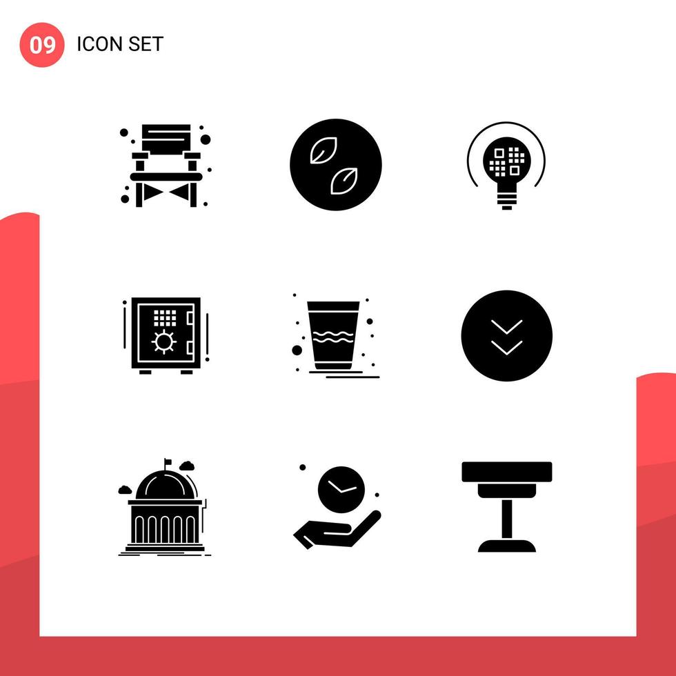 Universal Icon Symbols Group of 9 Modern Solid Glyphs of glass safe box insight safe box Editable Vector Design Elements