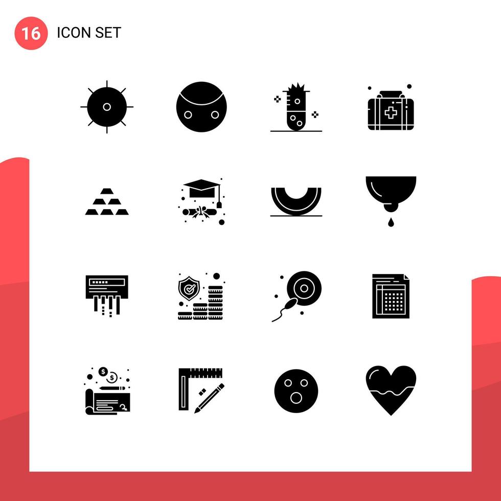 16 Universal Solid Glyph Signs Symbols of deposit gold chemical reaction box first aid Editable Vector Design Elements