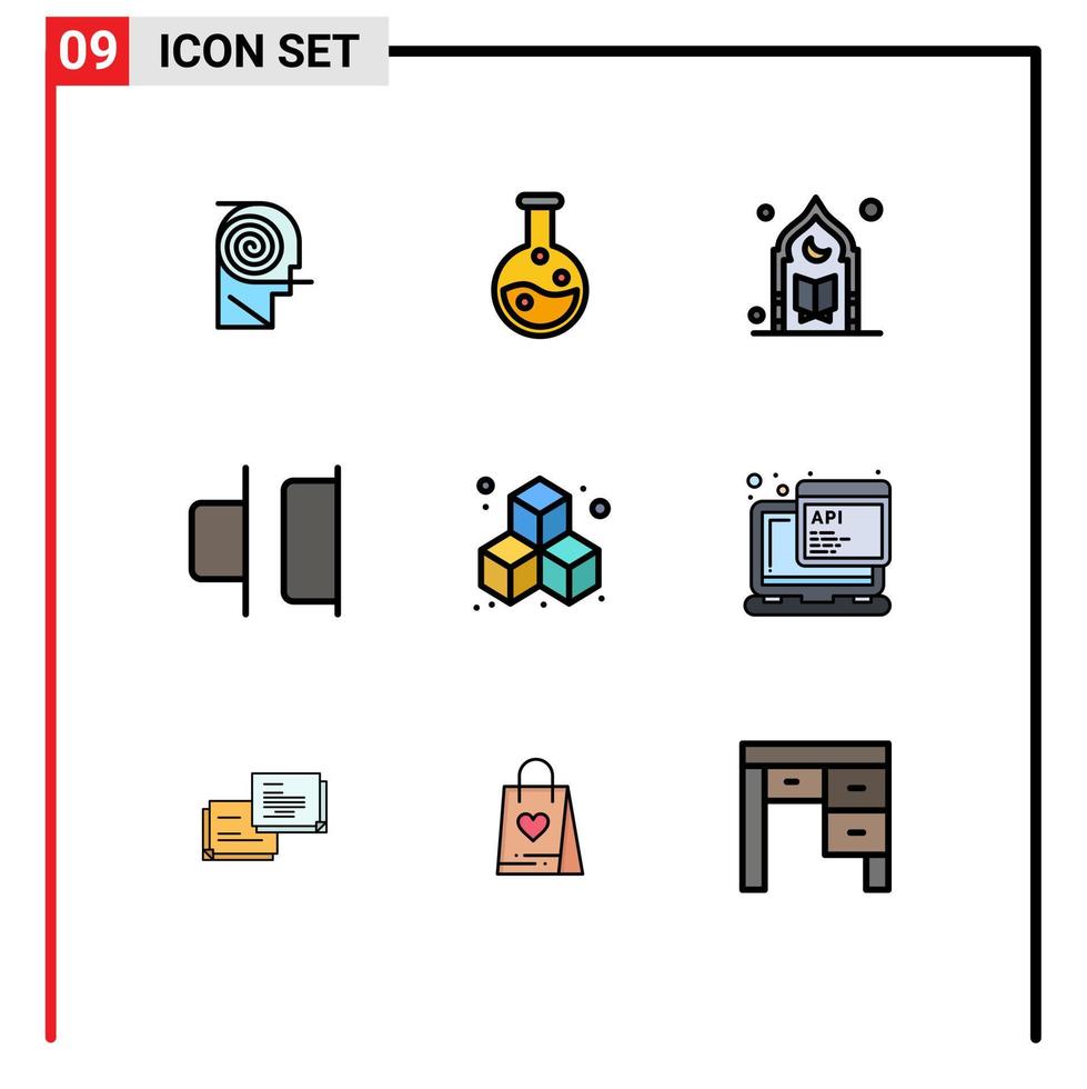 Modern Set of 9 Filledline Flat Colors Pictograph of cube right islam horizontal moon Editable Vector Design Elements