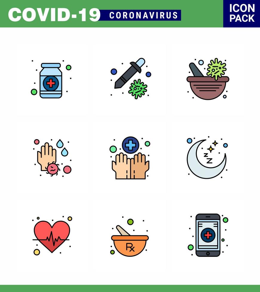 Corona virus disease 9 Filled Line Flat Color icon pack suck as water drop soap pipette hand pharmacy bowl viral coronavirus 2019nov disease Vector Design Elements