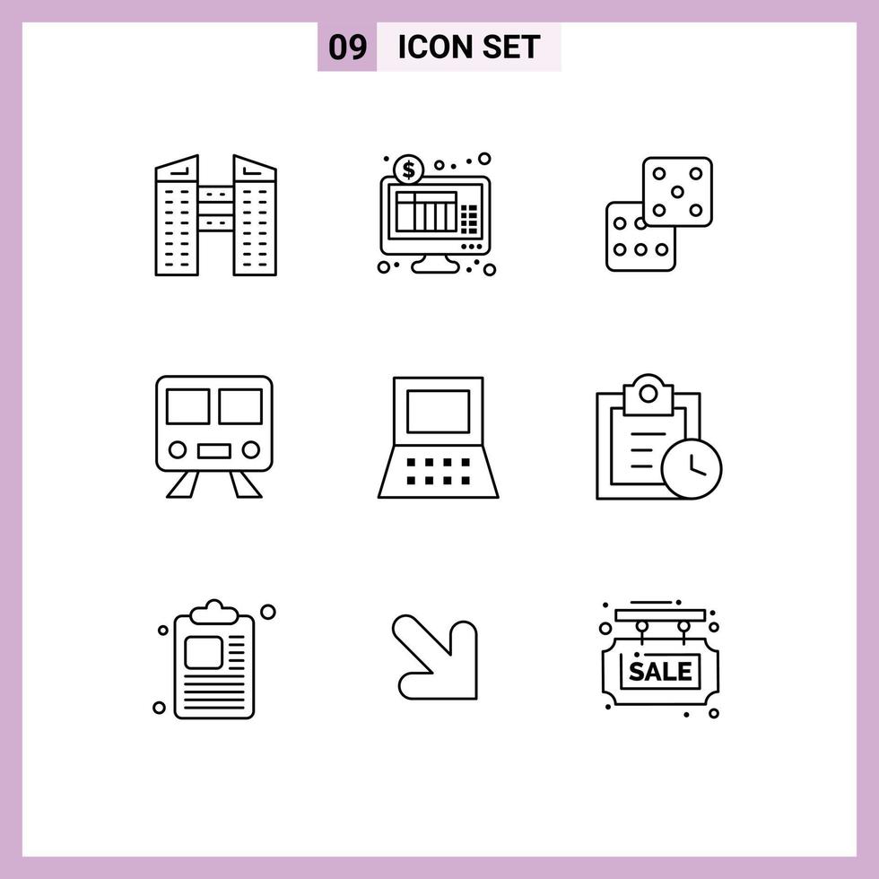 9 Outline concept for Websites Mobile and Apps deadline computer dice laptop subway Editable Vector Design Elements