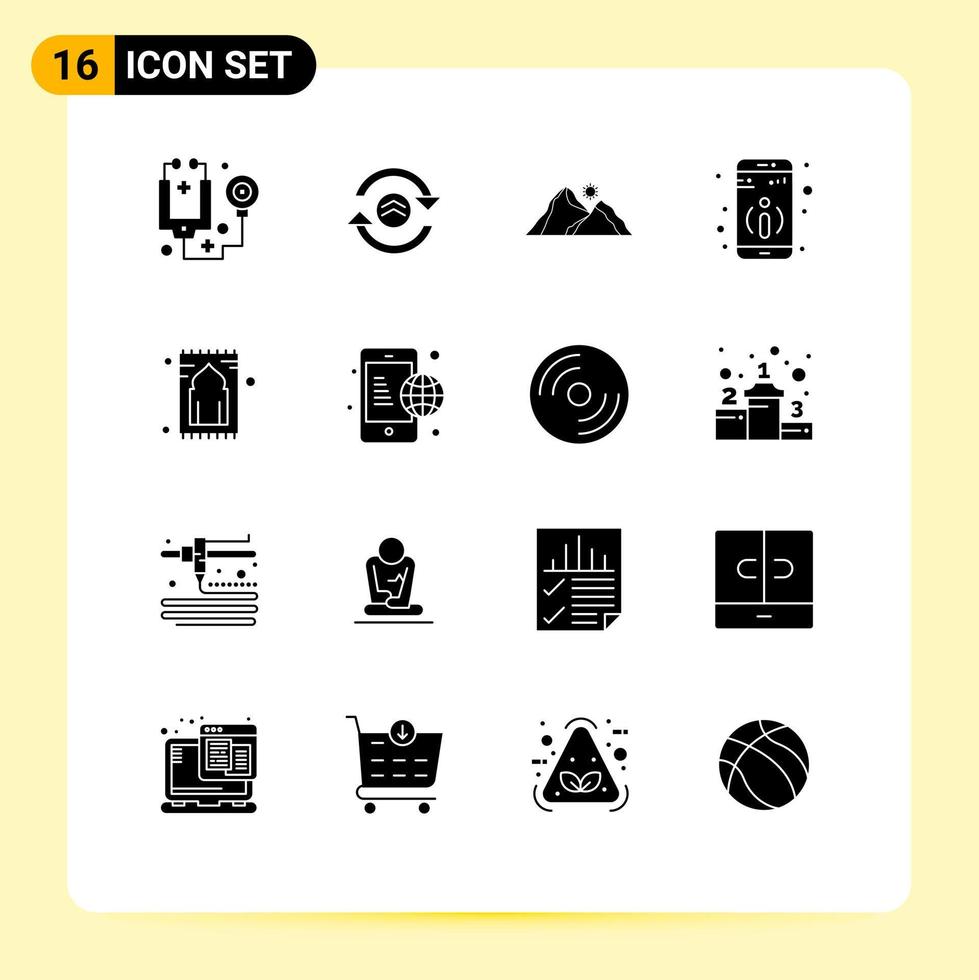 Modern Set of 16 Solid Glyphs and symbols such as praying more hill information scene Editable Vector Design Elements