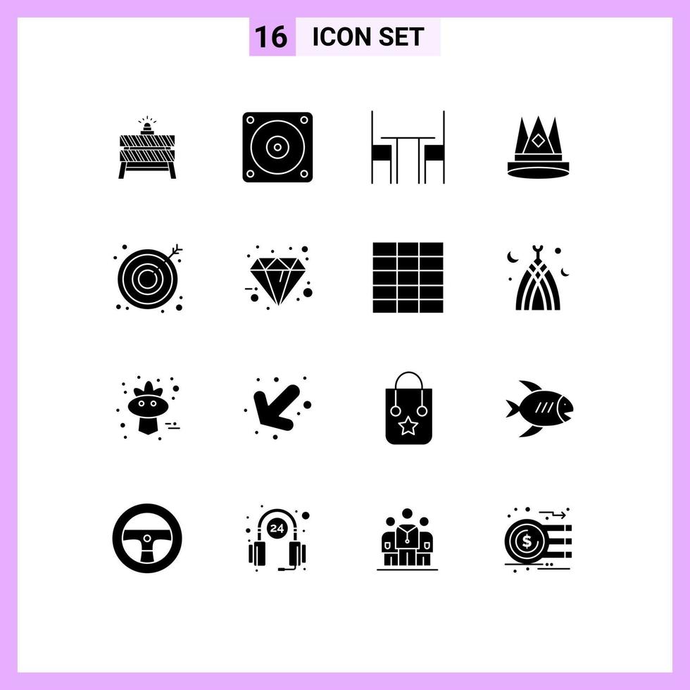 Mobile Interface Solid Glyph Set of 16 Pictograms of position empire chair king table Editable Vector Design Elements