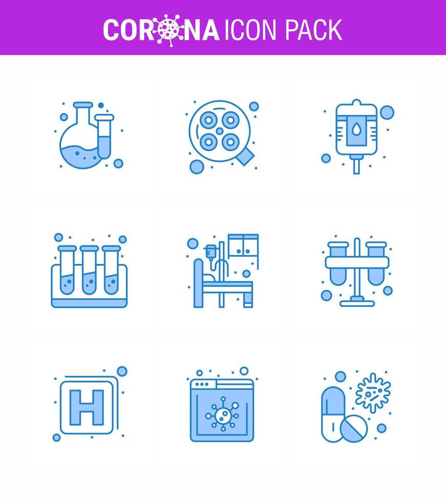 9 Blue Set of corona virus epidemic icons such as test medical bottle hospital test tubes viral coronavirus 2019nov disease Vector Design Elements