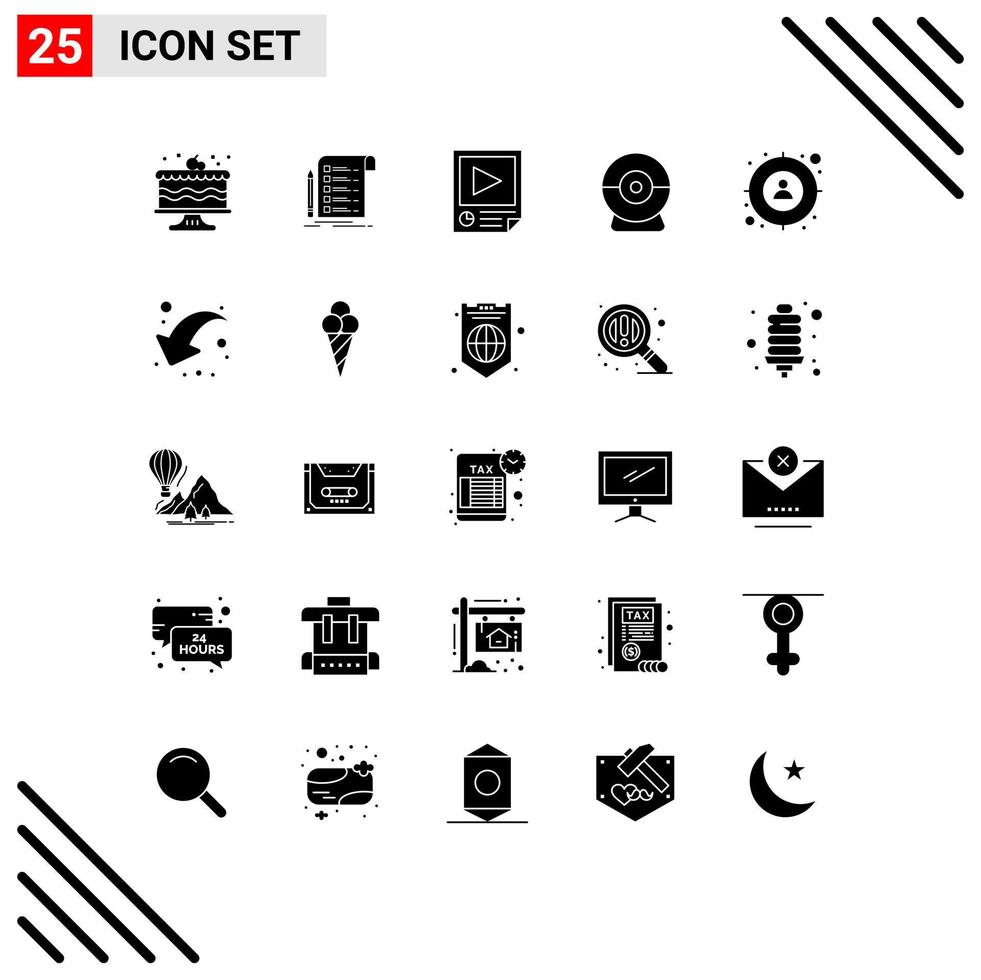 conjunto moderno de 25 glifos y símbolos sólidos, como elementos de diseño de vectores editables de reproducción de cámara de lista de verificación de cámara web de enfoque