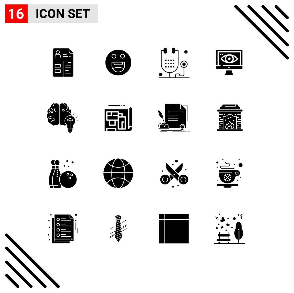 16 Universal Solid Glyphs Set for Web and Mobile Applications brain idea fitness surveillance computer Editable Vector Design Elements