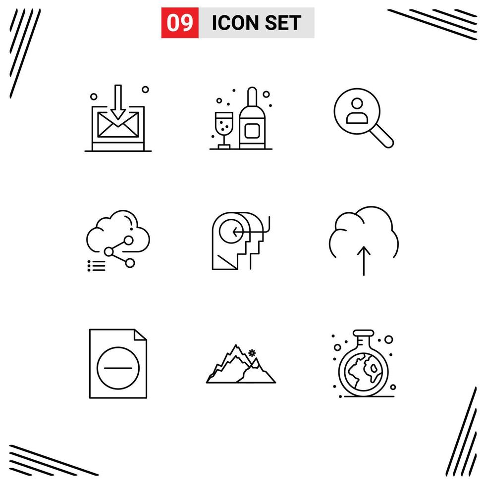 Mobile Interface Outline Set of 9 Pictograms of teaching link networking computing cloud Editable Vector Design Elements
