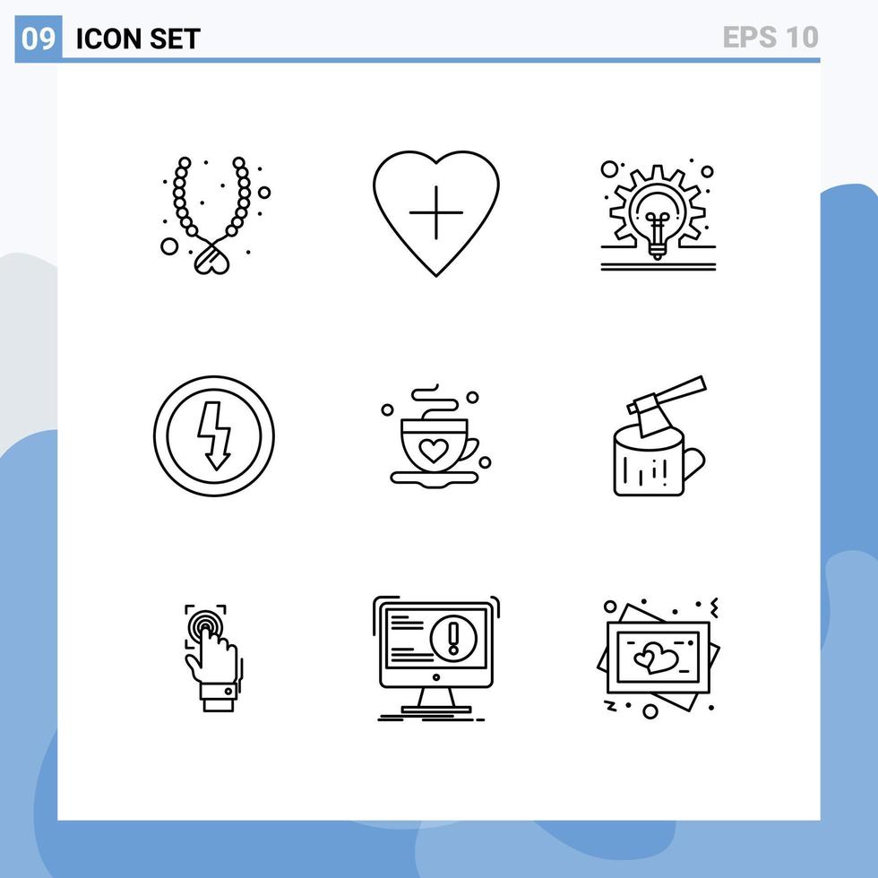 9 User Interface Outline Pack of modern Signs and Symbols of tea cup concept power devices Editable Vector Design Elements
