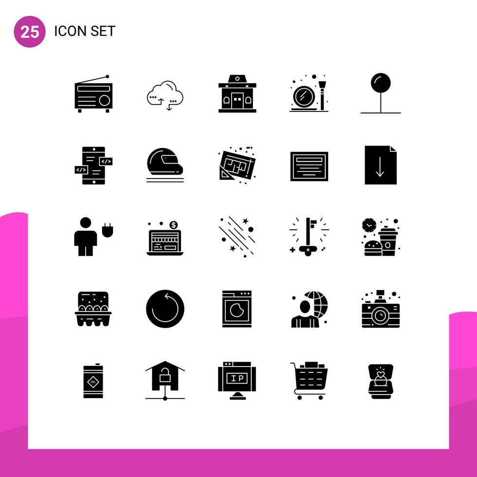 25 Universal Solid Glyphs Set for Web and Mobile Applications pin make up brush building mirror glass Editable Vector Design Elements