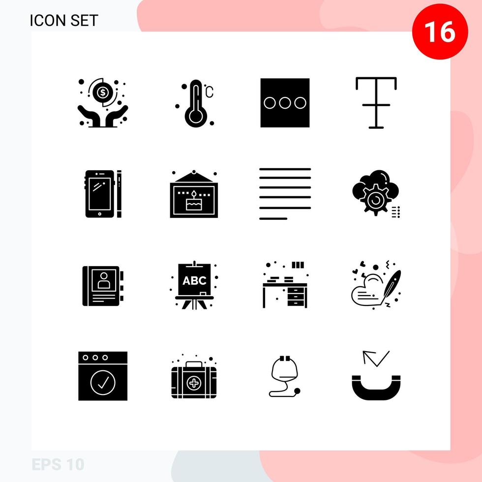 16 Universal Solid Glyphs Set for Web and Mobile Applications birthday huawei menu mobile phone Editable Vector Design Elements