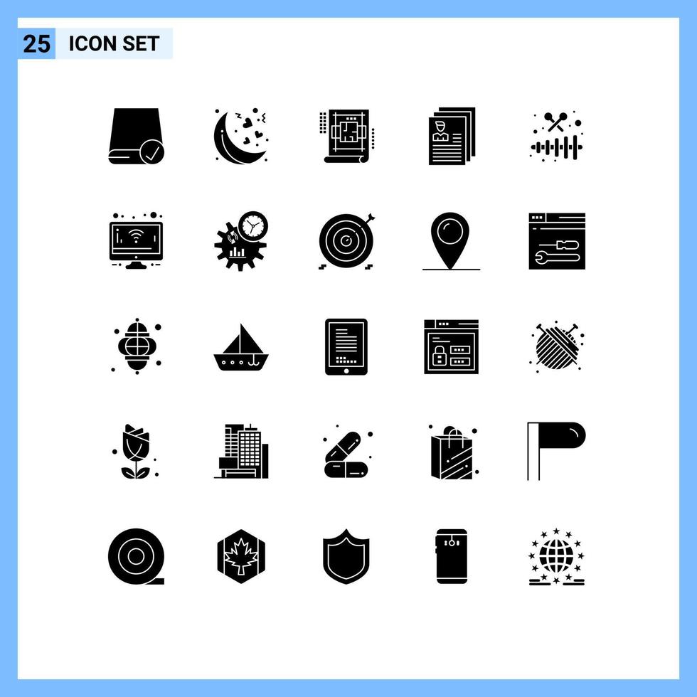 Pack of 25 Modern Solid Glyphs Signs and Symbols for Web Print Media such as instrument files architecture file account Editable Vector Design Elements