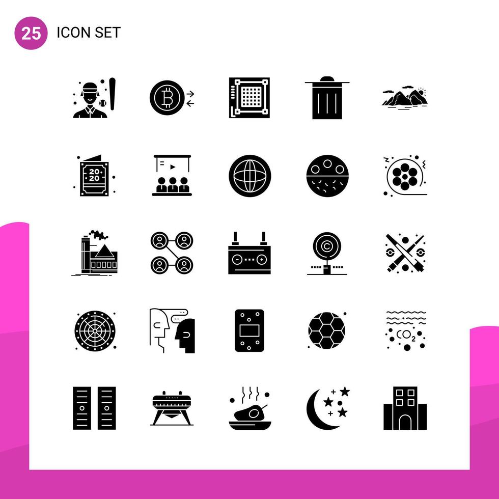 paquete de conjunto de iconos de glifos de 25 iconos sólidos aislados en fondo blanco para aplicaciones móviles y de impresión de diseño de sitios web receptivos vector