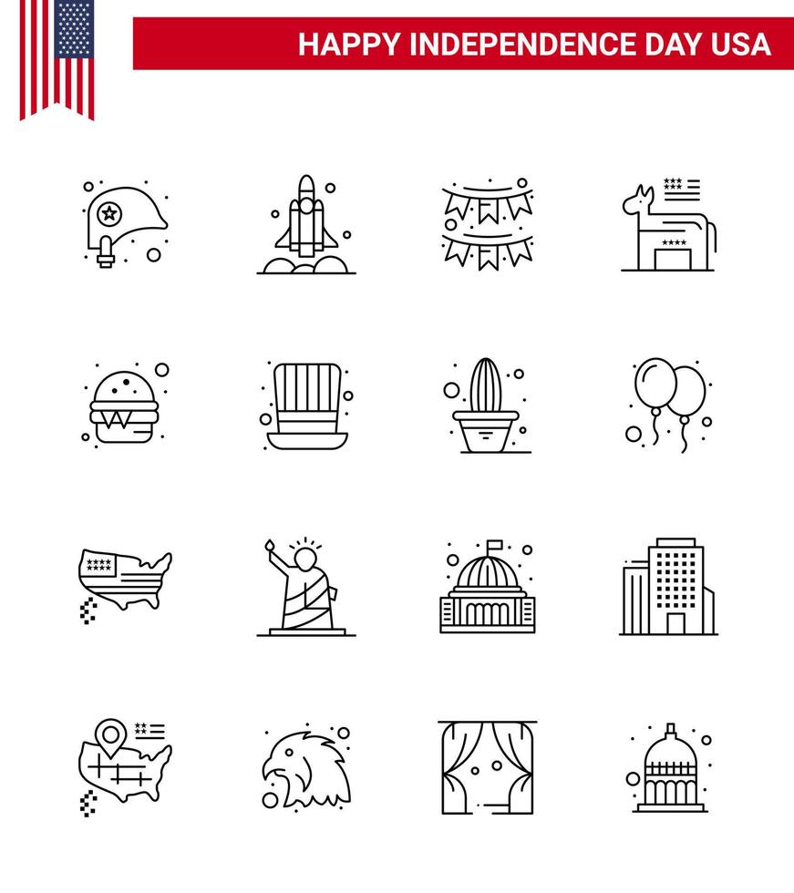 USA Happy Independence DayPictogram Set of 16 Simple Lines of symbol american usa donkey party Editable USA Day Vector Design Elements