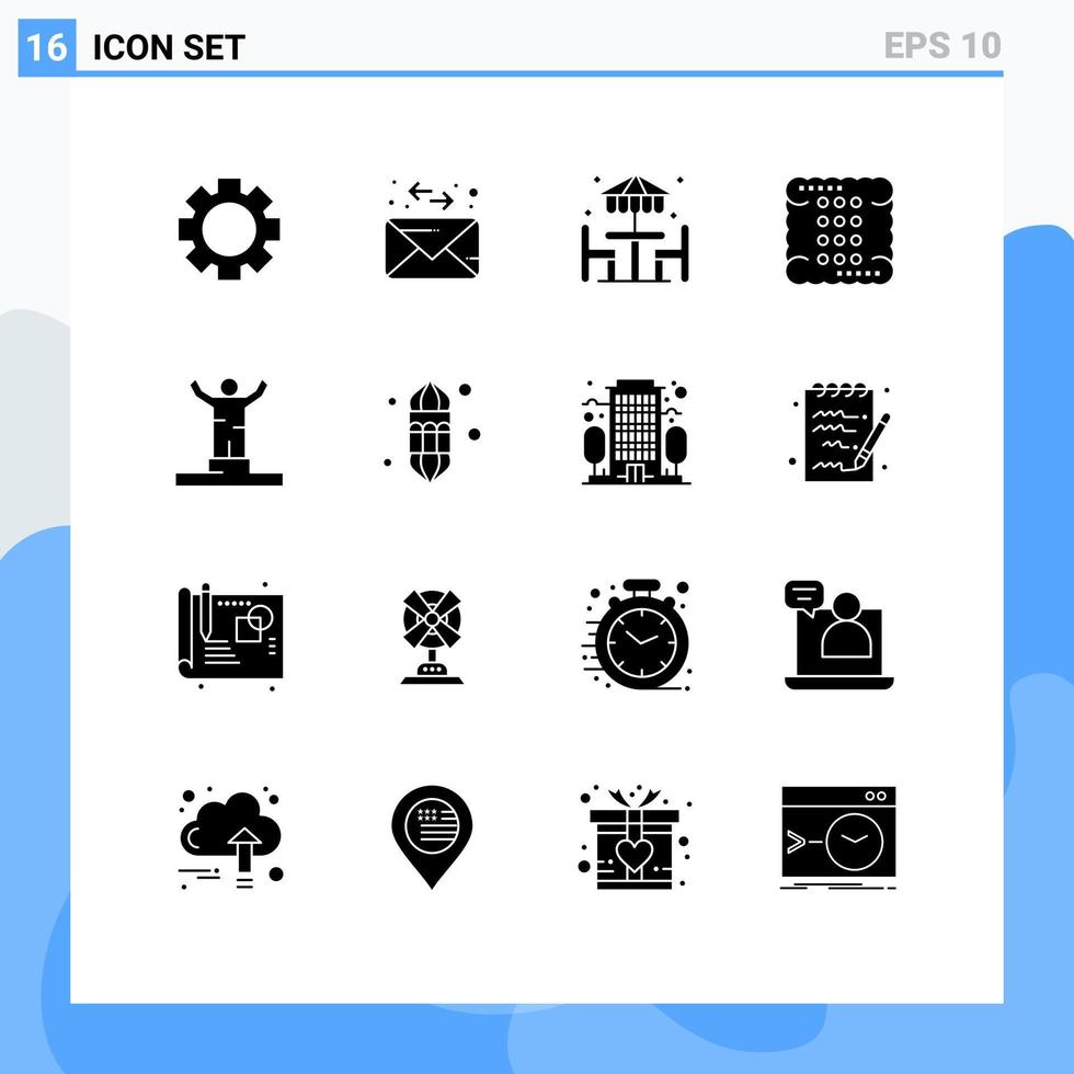 Set of 16 Vector Solid Glyphs on Grid for human achievement dinner meal drinks Editable Vector Design Elements
