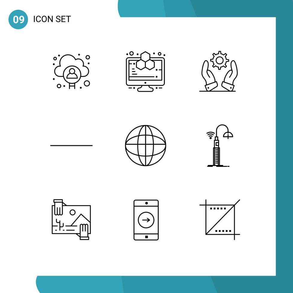 Group of 9 Outlines Signs and Symbols for lights globe business world minus Editable Vector Design Elements