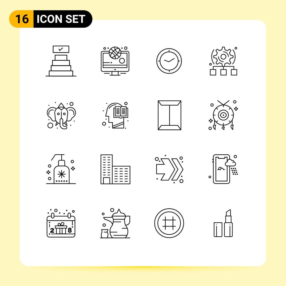 Stock Vector Icon Pack of 16 Line Signs and Symbols for hinduism ganesha timer beliefs cogwheel Editable Vector Design Elements