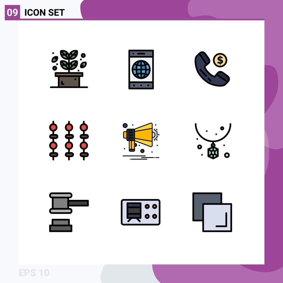 9 Universal Filledline Flat Colors Set for Web and Mobile Applications multimedia announcement ecommerce vegetables kebab Editable Vector Design Elements