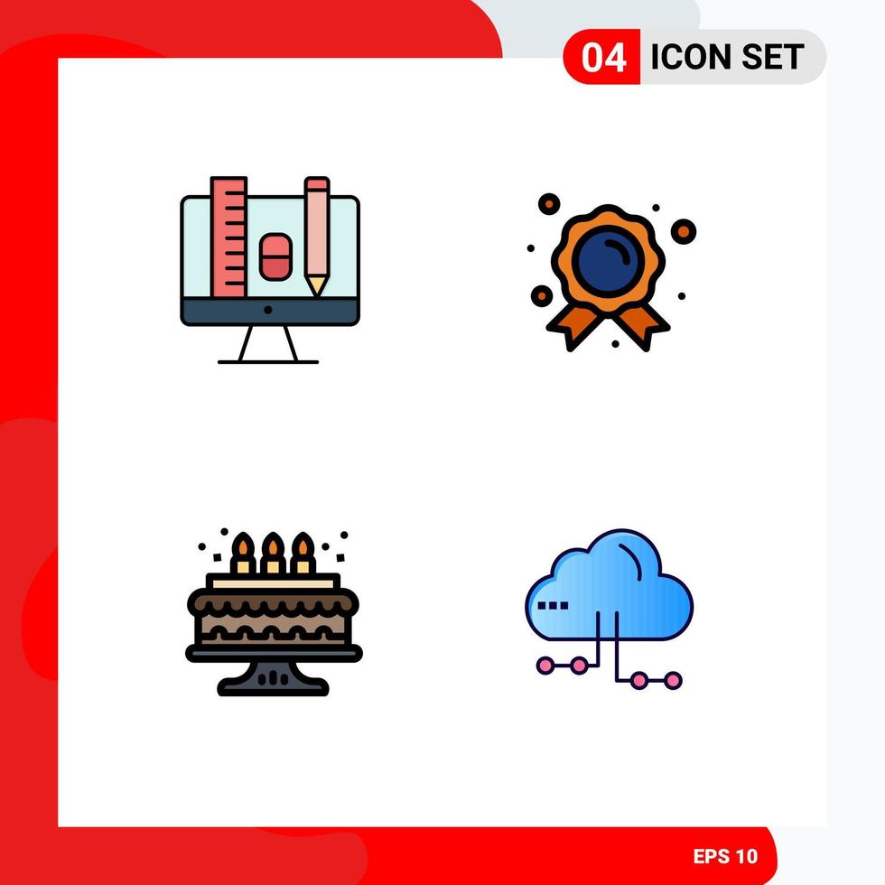 4 Universal Filledline Flat Colors Set for Web and Mobile Applications computer cake pincil champion cloud Editable Vector Design Elements