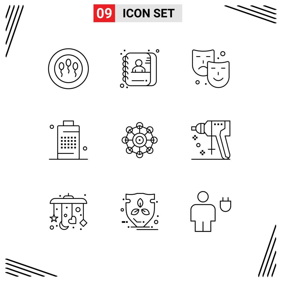 Pack of 9 Modern Outlines Signs and Symbols for Web Print Media such as machine power art phone cell Editable Vector Design Elements
