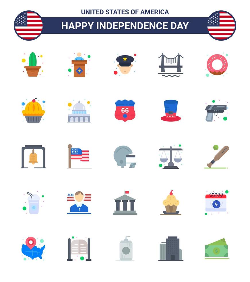 USA Happy Independence DayPictogram Set of 25 Simple Flats of nutrition donut man cityscape building Editable USA Day Vector Design Elements