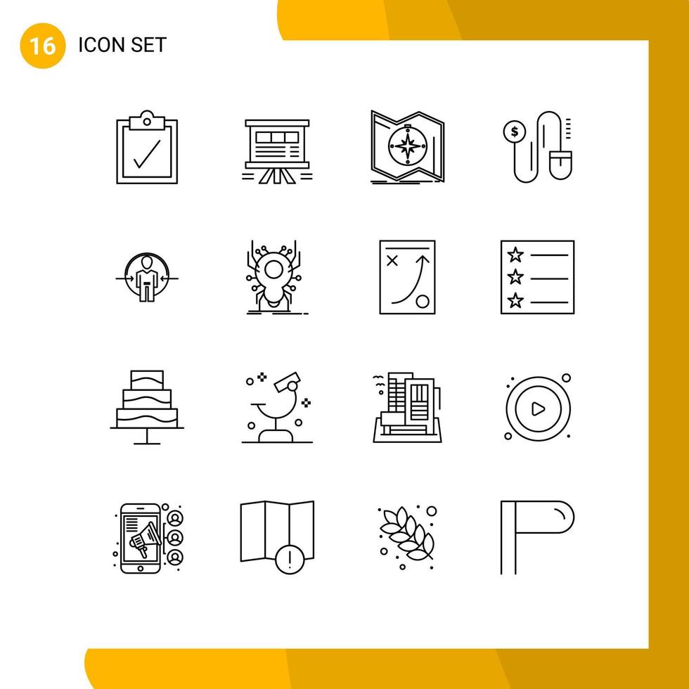 Outline Pack of 16 Universal Symbols of login man explore marketing mouse Editable Vector Design Elements