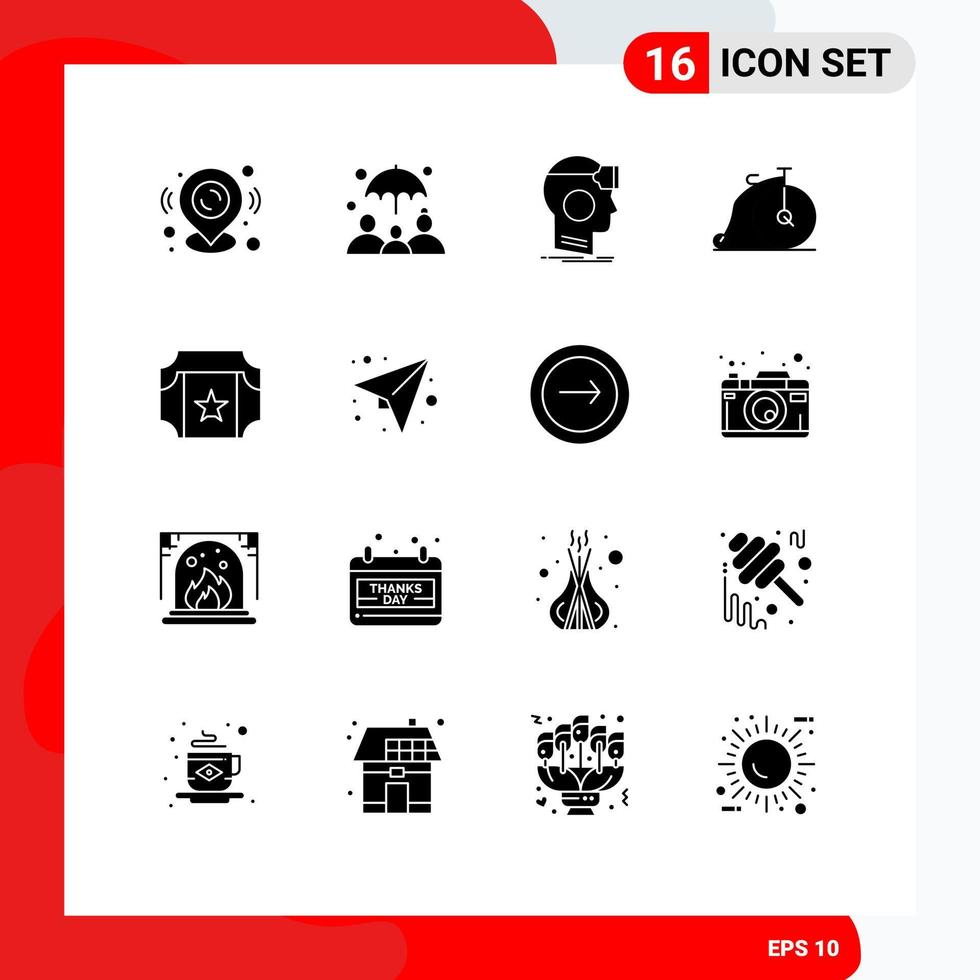 Modern Set of 16 Solid Glyphs Pictograph of film vehicle googles transportation bike Editable Vector Design Elements