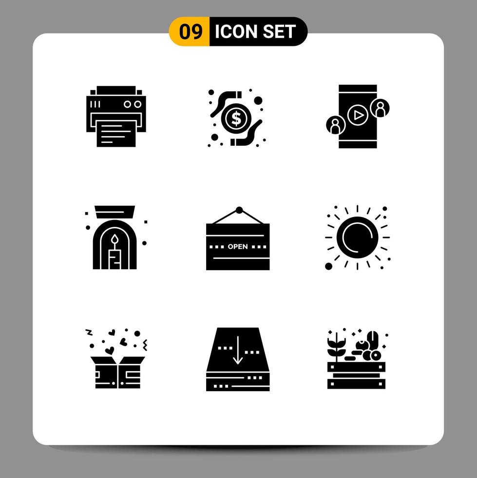 Set of 9 Modern UI Icons Symbols Signs for open and business spa aroma spa lamp Editable Vector Design Elements