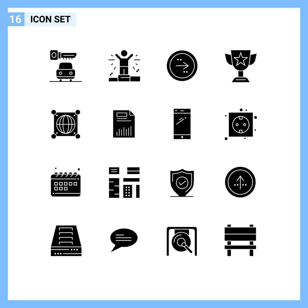 Pack of 16 Modern Solid Glyphs Signs and Symbols for Web Print Media such as global trophy direction prize award Editable Vector Design Elements