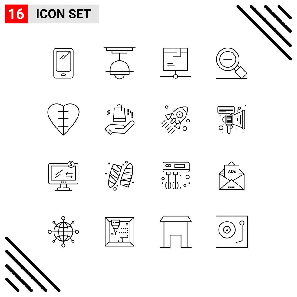 Group of 16 Modern Outlines Set for magnifying glass less lamp shipping network Editable Vector Design Elements