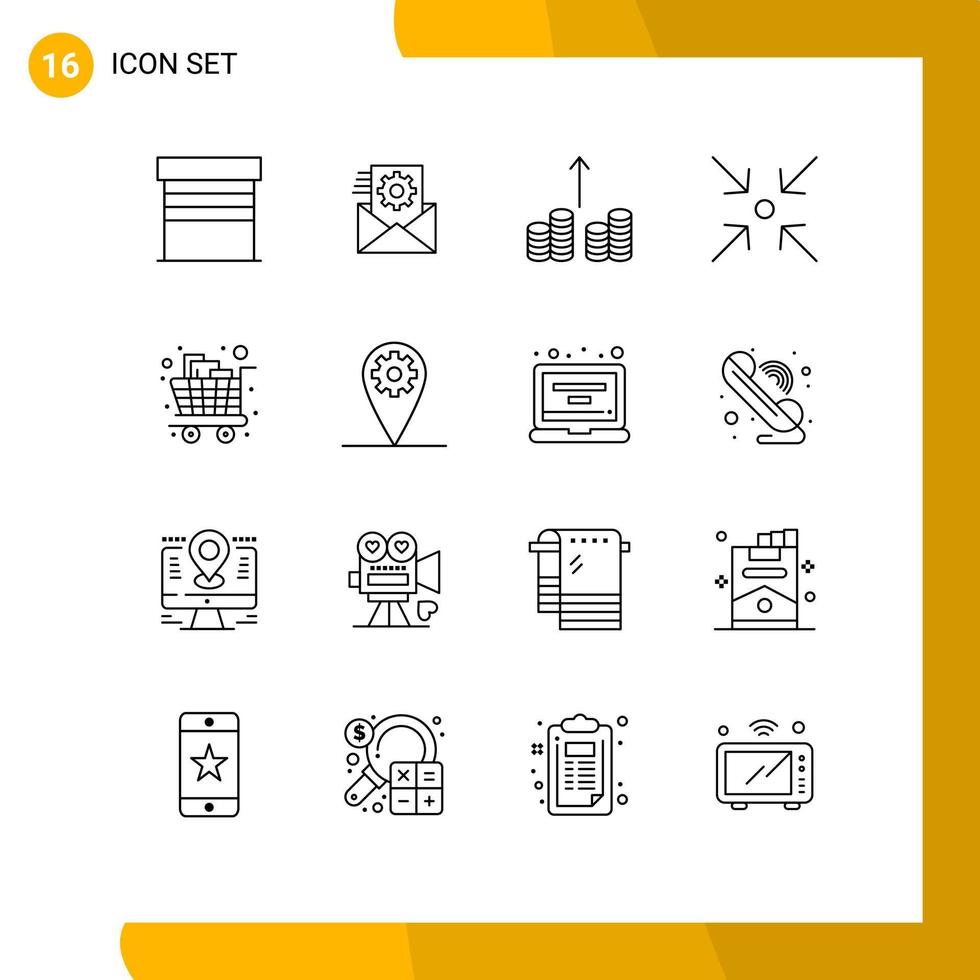 16 Universal Outline Signs Symbols of shopping full cash cart collapse Editable Vector Design Elements