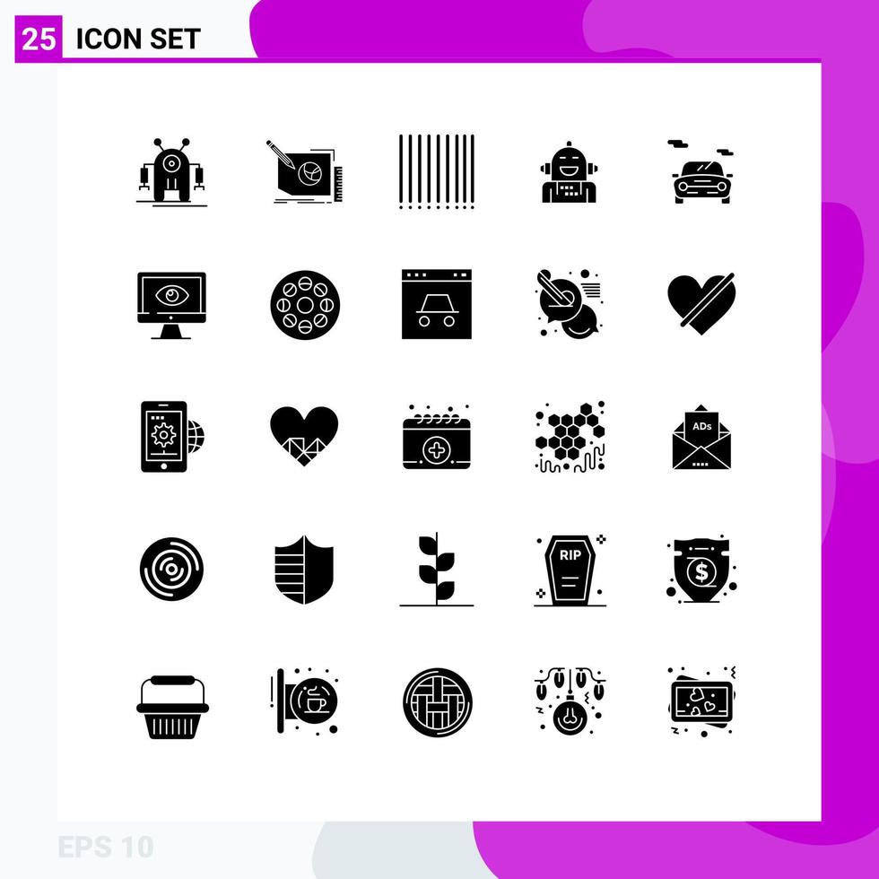 Set of 25 Commercial Solid Glyphs pack for car feeling text emotional artificial Editable Vector Design Elements