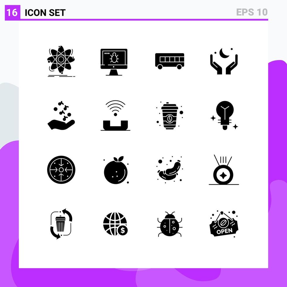 Modern Set of 16 Solid Glyphs Pictograph of fist cresent security moon pray Editable Vector Design Elements
