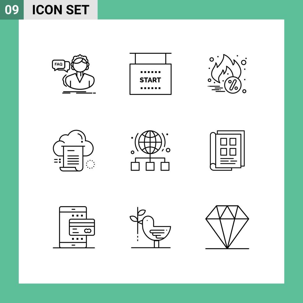 Mobile Interface Outline Set of 9 Pictograms of globe cloud start document file Editable Vector Design Elements