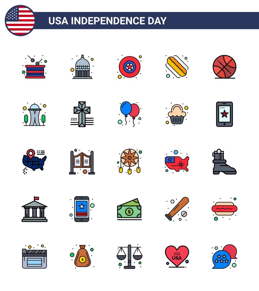 feliz día de la independencia paquete de iconos de 25 líneas planas rellenas para web e impresión deportes backetball estados unidos elementos de diseño vectorial del día de estados unidos editables americanos vector