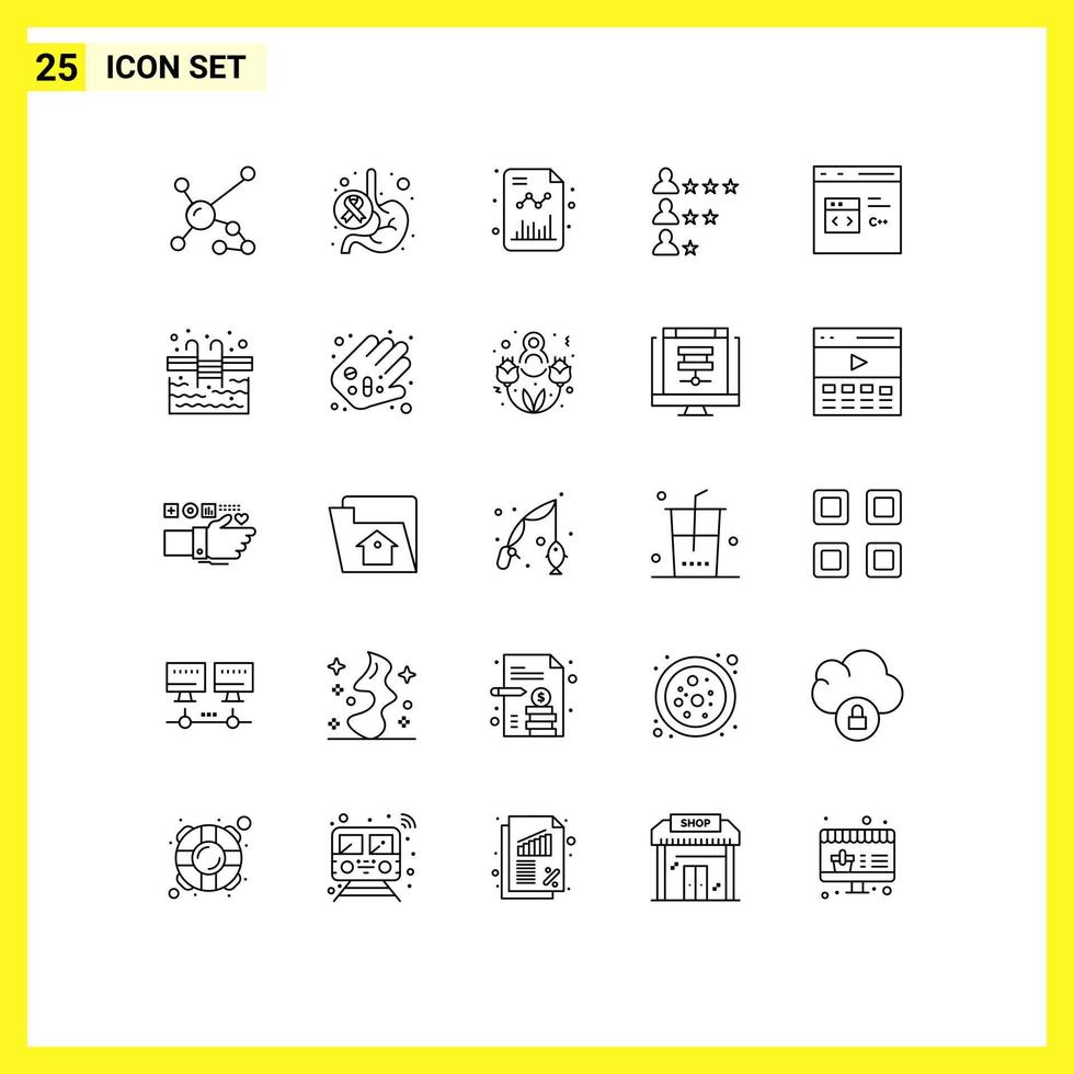 User Interface Pack of 25 Basic Lines of network job stomach business grow Editable Vector Design Elements
