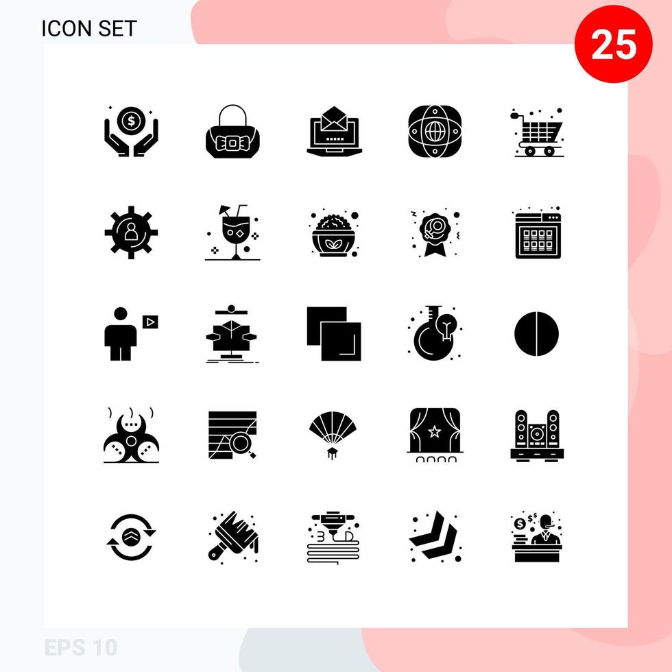 Group of 25 Modern Solid Glyphs Set for online shopping globe laptop global connection Editable Vector Design Elements