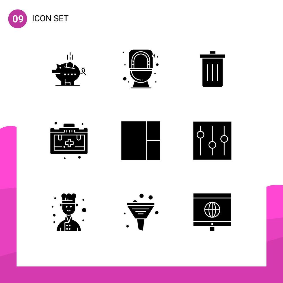 paquete de 9 signos y símbolos de glifos sólidos modernos para medios de impresión web, como elementos de diseño de vectores editables de basura de bolsa de inodoro de salud de rejilla