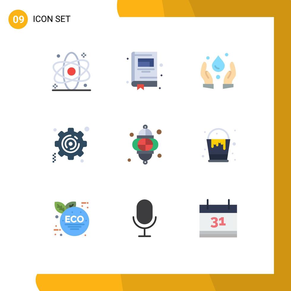 grupo de 9 signos y símbolos de colores planos para elementos de diseño de vectores editables de equipo de linterna de ecología de luz de lámpara
