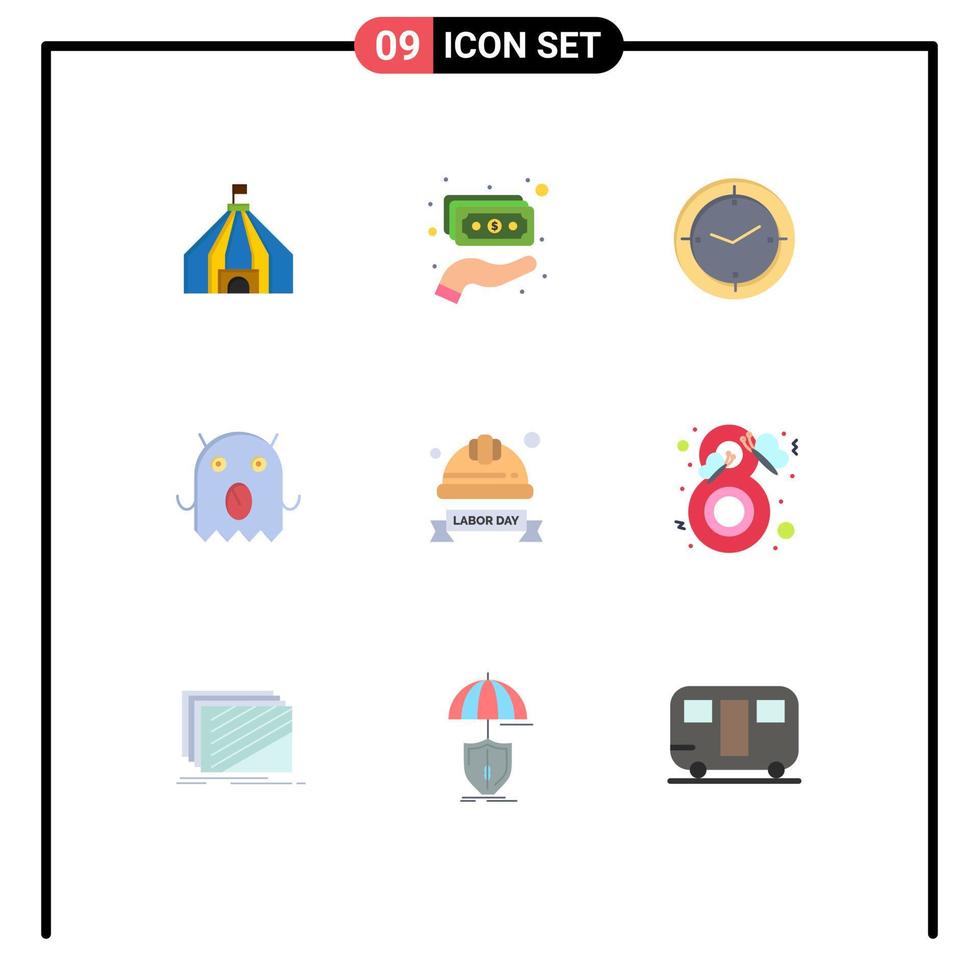 Modern Set of 9 Flat Colors Pictograph of helmet hard cap timer cap alien Editable Vector Design Elements