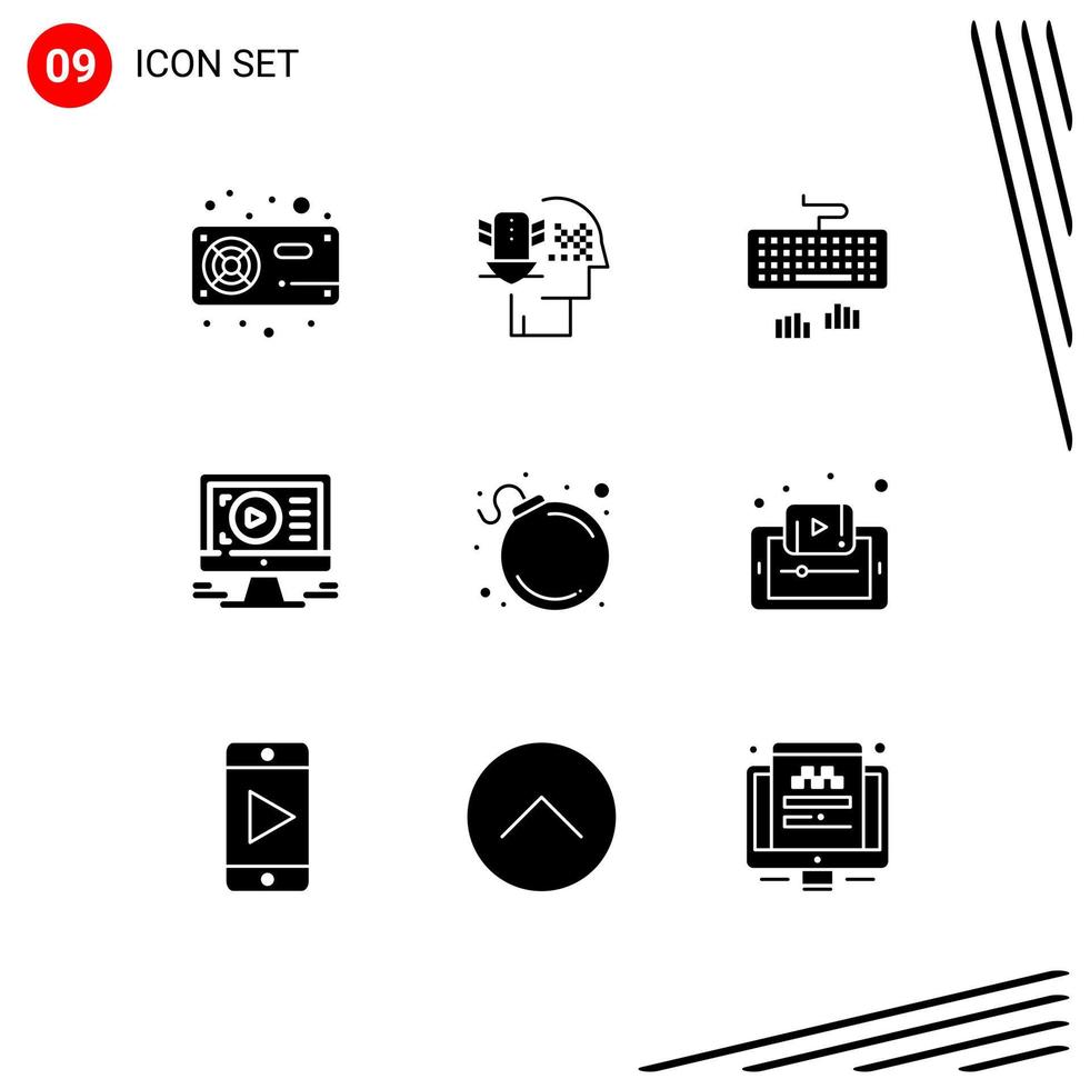 Set of 9 Vector Solid Glyphs on Grid for alert video security play typing Editable Vector Design Elements