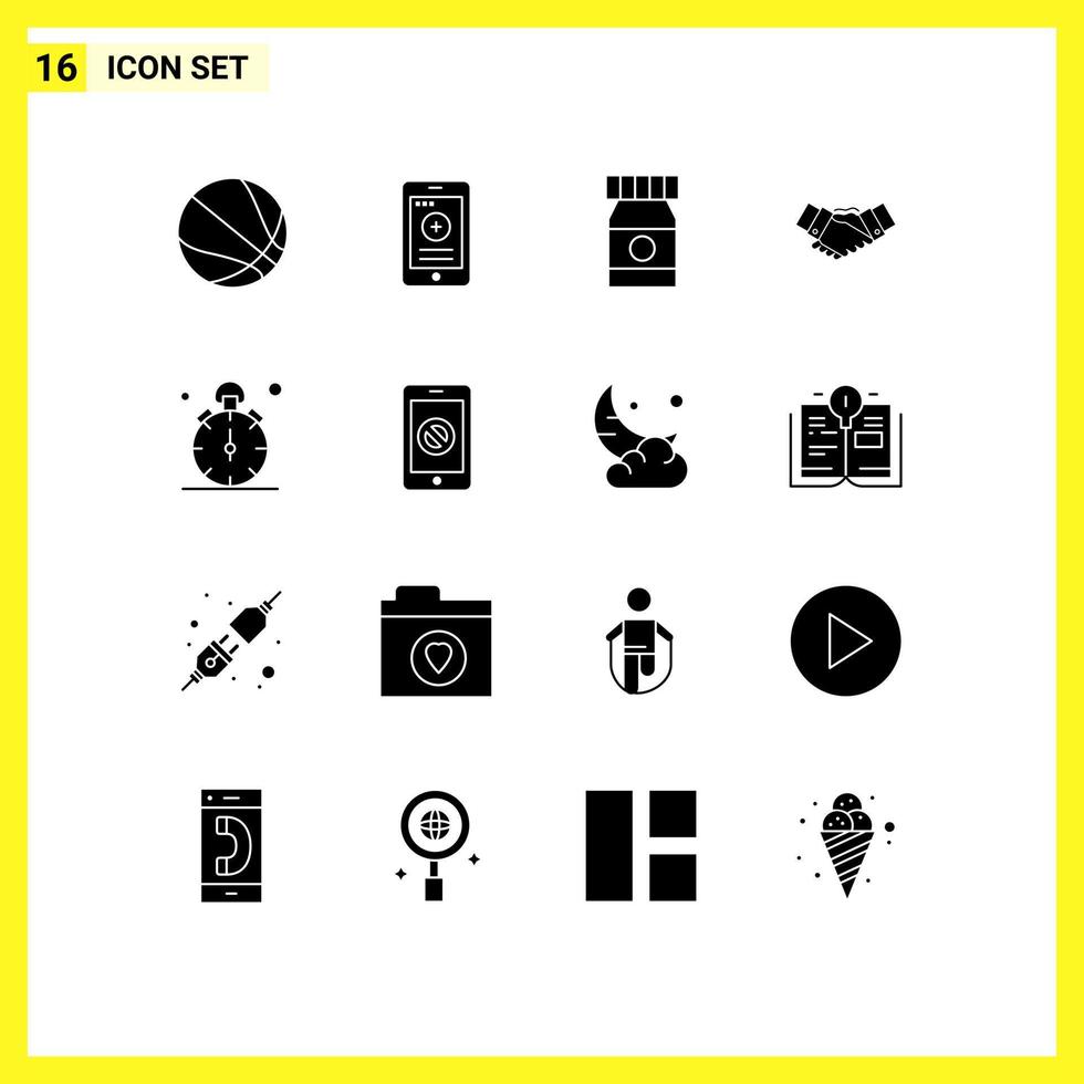 Group of 16 Modern Solid Glyphs Set for stop partnership bottle partners business Editable Vector Design Elements