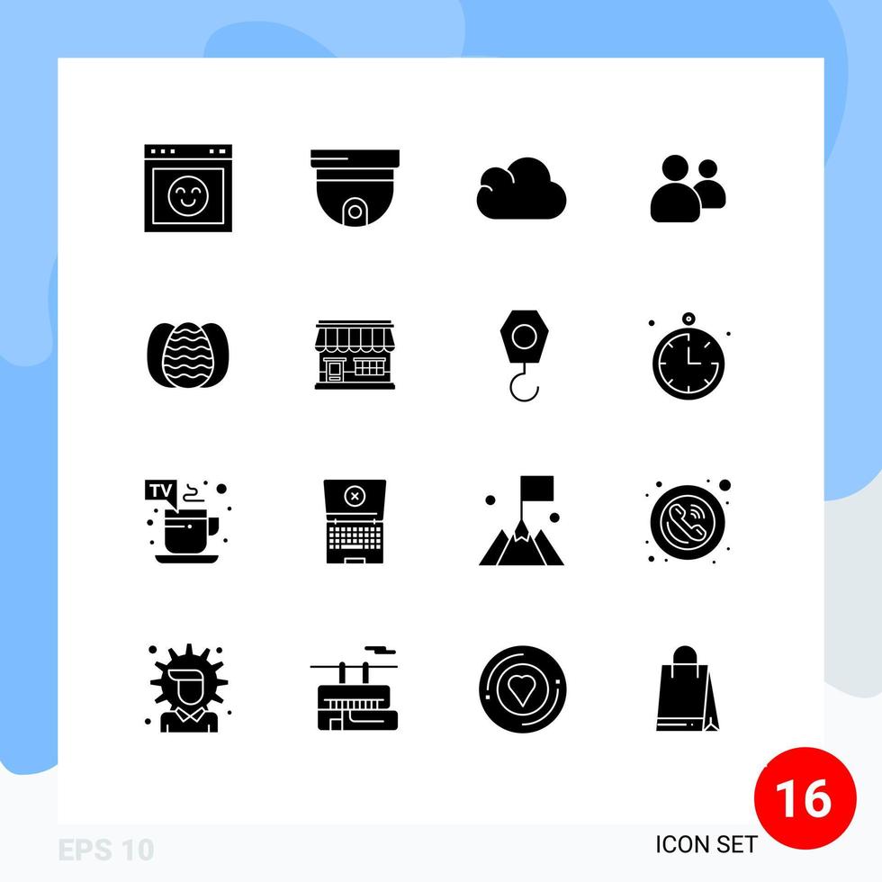 Set of 16 Vector Solid Glyphs on Grid for robbit egg cloud team group Editable Vector Design Elements