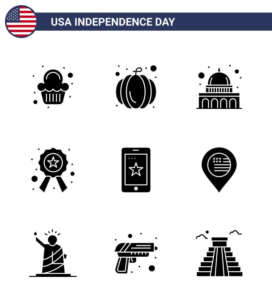 Modern Set of 9 Solid Glyphs and symbols on USA Independence Day such as cell mobile madison sign police Editable USA Day Vector Design Elements